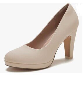 miss left Nude Low Platform Chunky High Heel Slip On Closed Round Toe Pump
